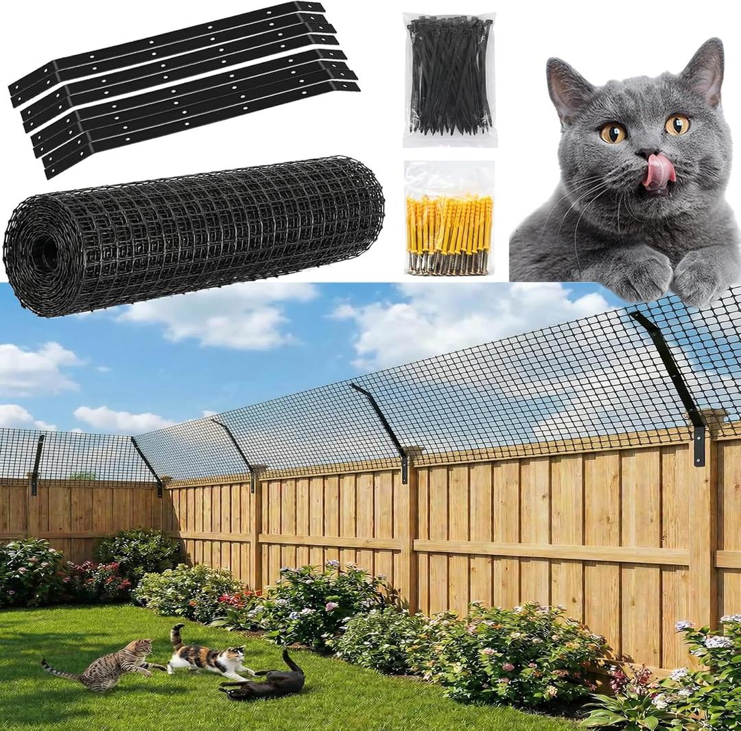 Cat Fence Outdoor Barrier 33FT & Anti Climb Cat Proof Fence Topper | Outdoor Containment Extension System with Netting & 8 Kits for Backyard Wood, Vinyl, Metal & Brick Fences