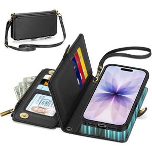 TUCCH Crossbody Detachable Wallet Case for iPhone 17 (6.3") 2025, 9 Card Slots RFID Blocking | Wireless Charging | Wrist Strap | Lanyard | Stand | Zipper Pocket | PU Leather Shockproof Cover | Black