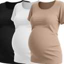 Neer 3 Pack Women's Maternity Shirts Short Sleeve Pregnancy Tee Tops Soft Crew Neck Mama Clothes Basic Tunic Blouse (Large, Khaki, White, Black) XXL