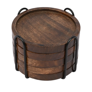 SAMHITA Mango Wood Coasters for Drinks with Iron Holder Stand Set of 5 for Drinking Glasses, Tabletop Protection for Any Table Type