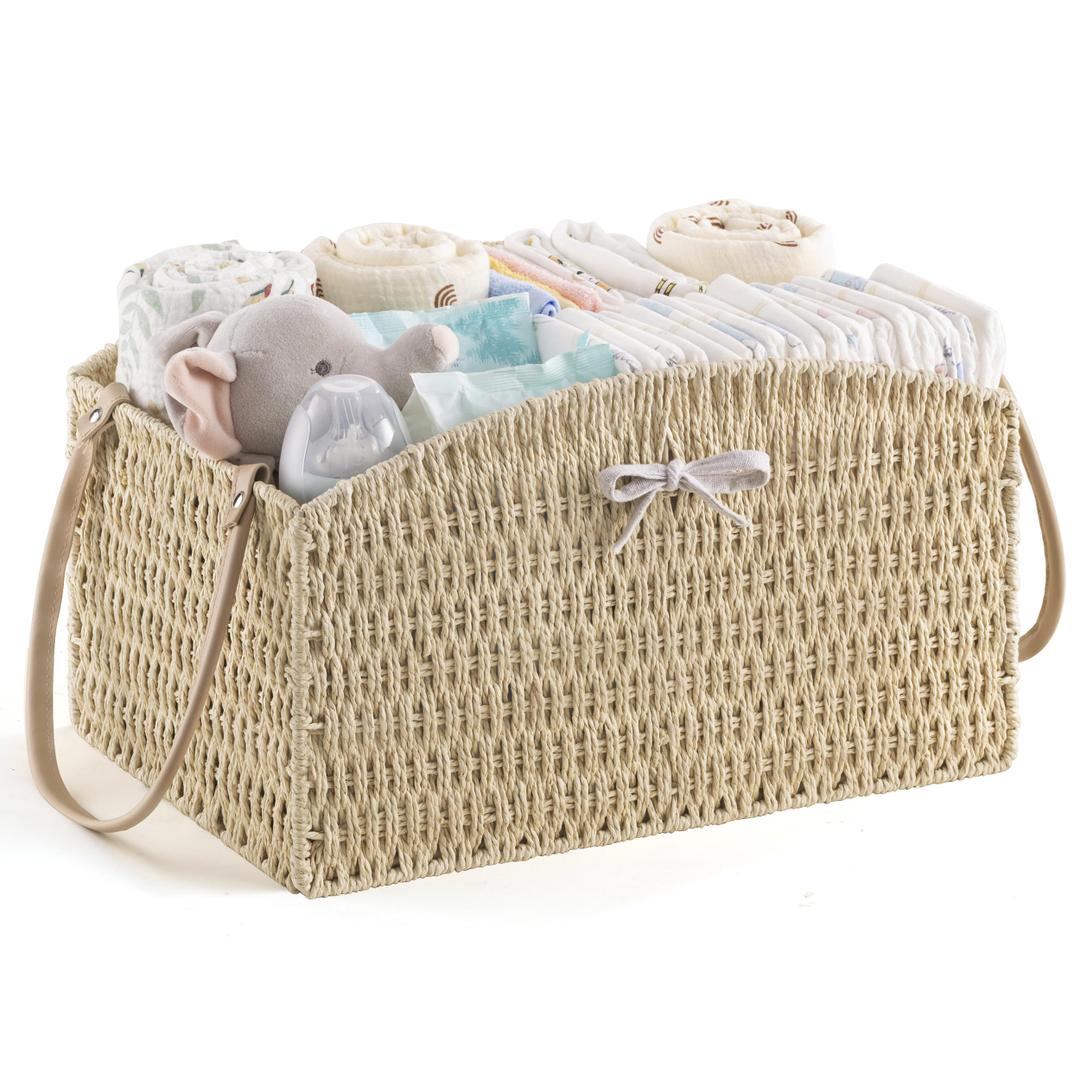 HBlife Large Diaper Caddy Organizer, Washable Waterproof, Portable Plastic Wicker Woven Basket with Divider, Nursery Diaper Station, Baby Shower Gifts Basket & Car Organizer