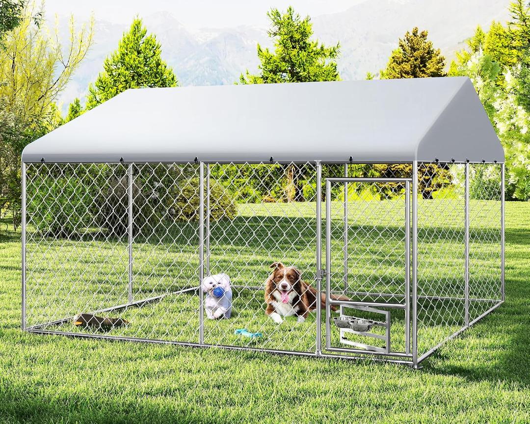 XL Outside Dog Kennel 10x10 ft - Outside Dog Kennel with Roof, Covered Kennels with with Feeding Door, Outdoor Dog Enclosure with Thickened Roof