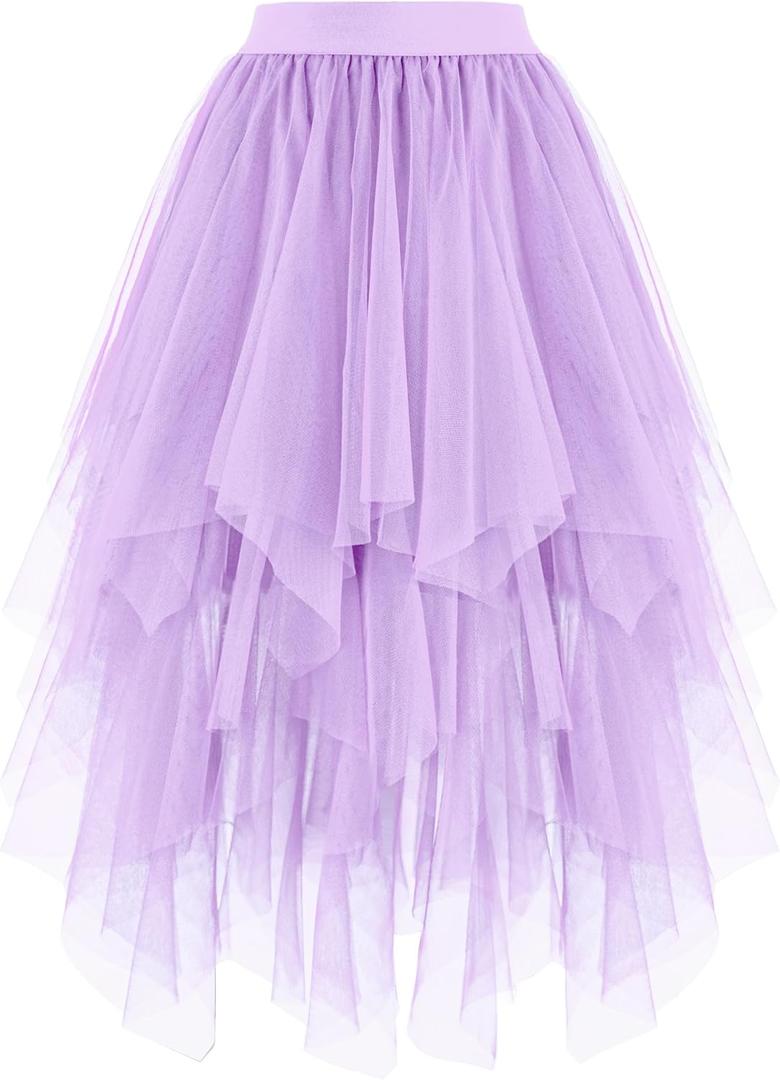 Dressever Women's Tulle Skirt A-Line High Elastic Waist Midi Skirt Irregular Layered Mesh Tutu Halloween Skirts (Purple, XXL)