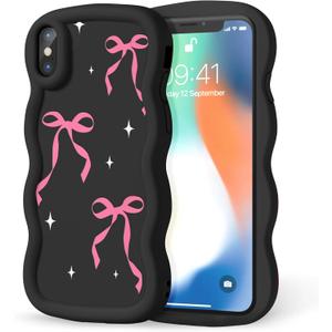 Compatible with iPhone X/iPhone Xs Case for Women Girls, Curly Wavy Frame with Cute Pattern, Aesthetic Slim Soft Silicone TPU Bumper Shockproof Phone Case for iPhone X/XS - Bow Sparkle
