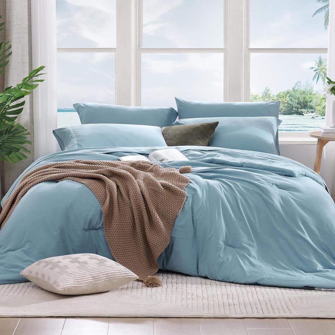 WRENSONG Full Size Comforter Sets- 7 Pieces Soft Blue Bed in a Bag with Fitted Sheet, Flat Sheet, 2 Pillow Shams, 2 Pillowcases, Warm Bedding Sets for All Season, Full (80"*90")