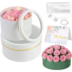 Nuenen 2 Pcs Round Gift Boxes with Lids Floral Foam LED Light Thank You Floral Greeting Cards Flower Arrangements Supplies for Valentine Birthday Wedding Bridesmaid Proposal(White)