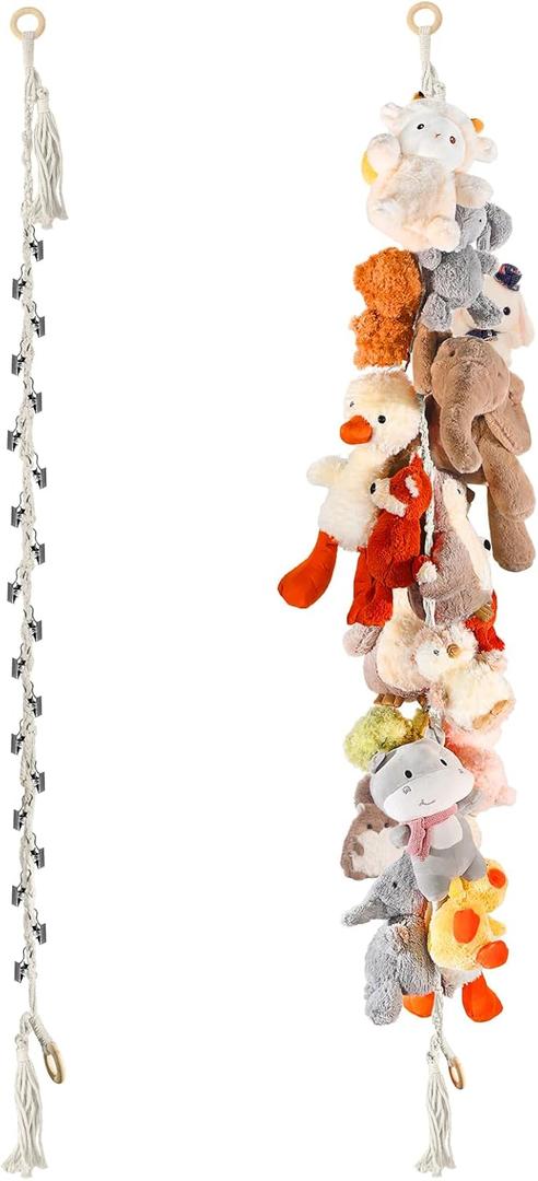 1/2 pcs 80" Cotton Hanging Storage Chain For Stuffed Animals Storage with 20 Metal Clips, Stuffed Animal Organizer Chain for Wall Corner Nursery Play Room, White