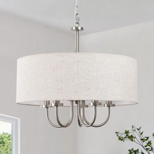 Drum Chandeliers for Dining Room Light Fixture 5 Lights Brushed Nickel Chandelier with Linen Lampshade 19 Modern Farmhouse Chandelier Large Pendant Lighting Fixtures for Living Room Kitchen Foyer