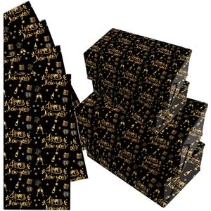 littkeef cliaet Happy New Year Pattern Wrapping Paper Set, 12 Sheets New Year Gift Wrap Black Gold Gift Wrap News Years Party Decoration 20'' x 27''