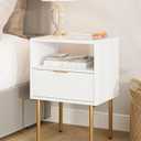 Masupu Nightstand,MidCentury Modern Bedside Table with Storage Drawer and Open Wood Shelf,Small Gold Frame Side Table for Bedroom,Living Room,White