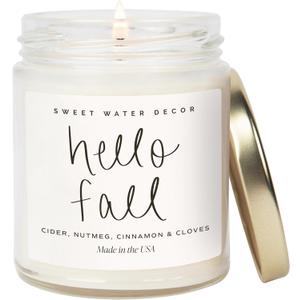 Sweet Water Decor Hello Fall Candle - Cinnamon Apples & Clove Autumn Fall Scented Candle for Home Decor - 100% Cotton Wick Soy Wax Candles with 40 Hour Burn Time - Made in The USA - 9oz Clear Jar (Script Label)