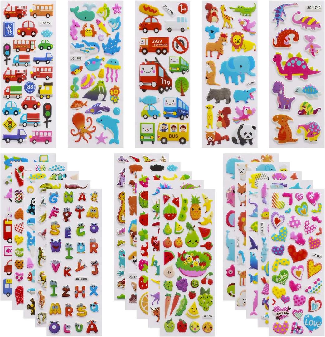 Meafeng 3D Stickers for Kids & Toddlers 24 Sheets 550+ Puffy Stickers Variety Pack with Animals, Numbers, Fruits, Fish, Dinosaurs, Cars & More for Scrapbooking, Bullet Journals & Crafts