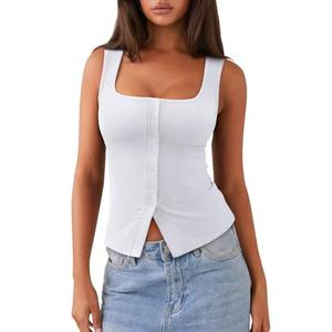 REORIA Women's Sexy Ribbed Button Down Square Neck Tank Tops Trendy Y2K 2026 Summer Sleeveless Going Out Vest Crop Tops (White Large)