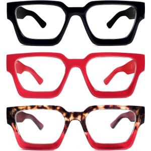 REAVEE 3 Pack Thick Frame Reading Glasses for Women Men, Oversized Fashion Blue Light Blocking Readers Spring Hinge (Black/Red/Red Leopard, +1.75)