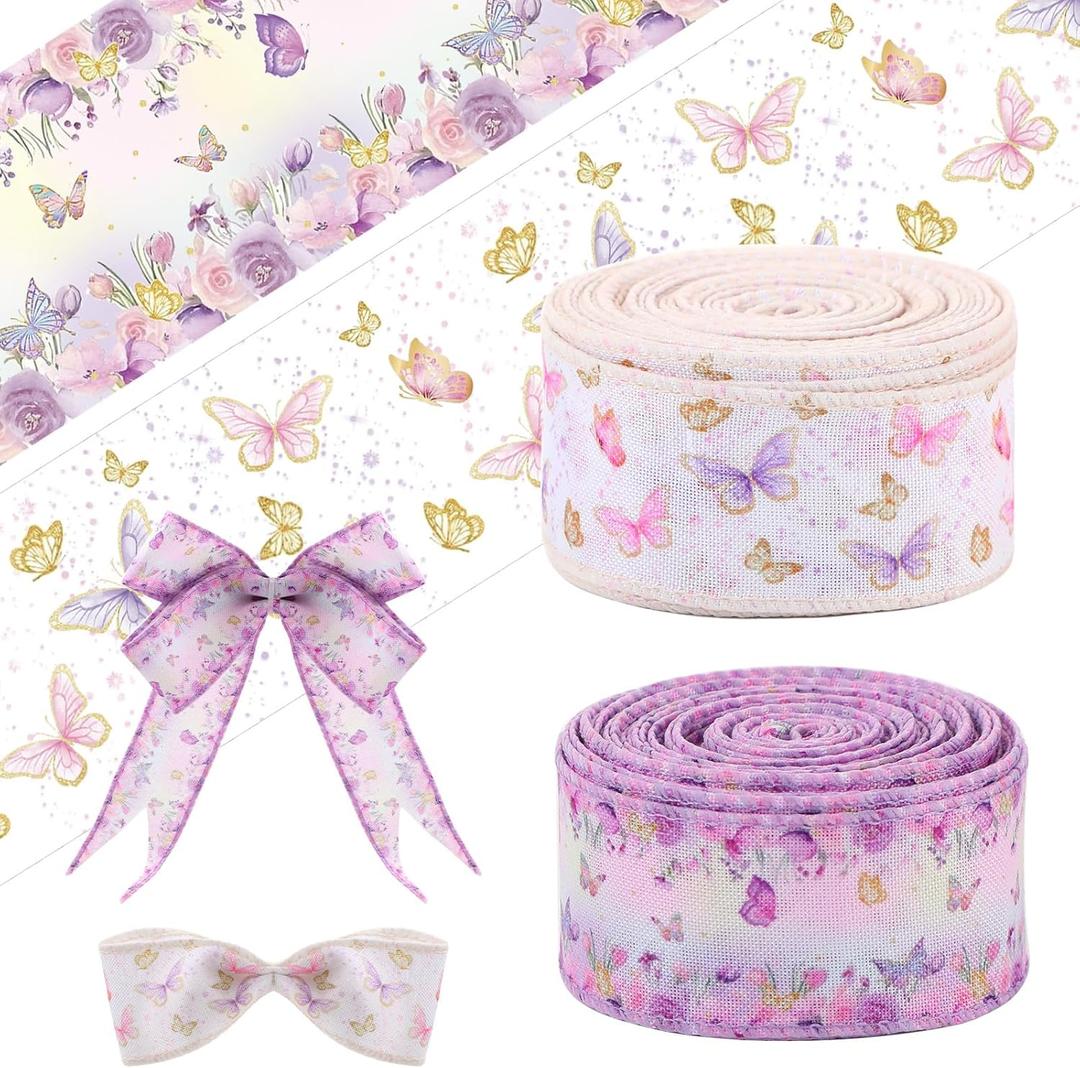 Tigeen 2 Rolls 20 Yards Butterfly Wired Edge Ribbon 1.6" Purple Butterfly Flower Burlap Ribbon for Gift Wrapping DIY Crafts Wreath Bow Thanksgiving Wedding Baby Shower Birthday Party Decoration