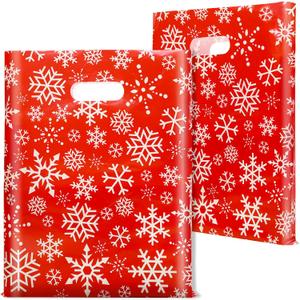 FloraSea 100 Pack Christmas Bags Bulk, 12 x 15 Inches Snowflakes Merchandise Bags Plastic Gift Bags with Handles Reusable Retail Shopping Goodie Bags for Christmas Party Favor Supplies and Business