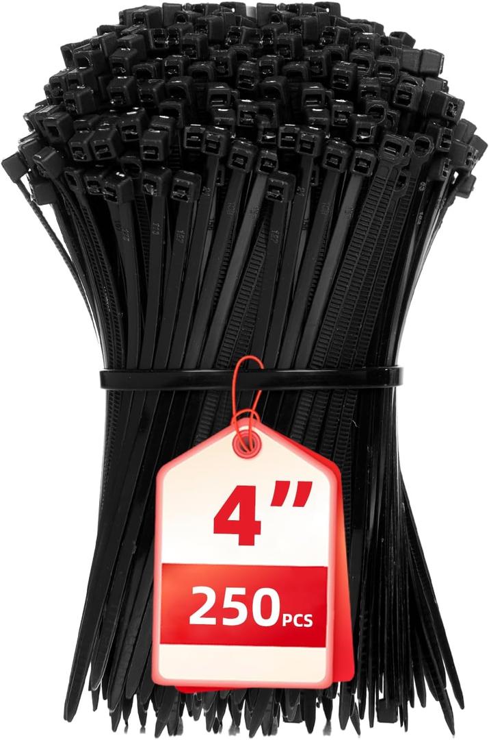 Cable Zip Ties, 4 Inch Small Cable Ties, 250PCS Multi-Purpose Nylon Zip Ties, Self-Locking Wire Ties used for home, garden, garage, indoor and outdoor. Mini Black Cable Ties