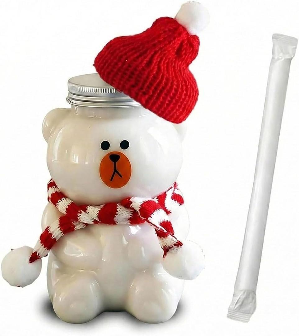 Cute Bear Cup, Clear Plastic Straw Cup 19oz with Lid and Straw, Kawaii Bear Tumbler Bottle for Juice, Milk Tea, Smoothies and Water (Perforated Lid)