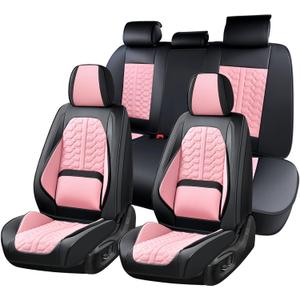 Huidasource Leather Seat Covers Full Set, Front and Rear Car Seat Covers, Full Wrap Automotive Car Seat Cushion Covers Protector Nappa Leather Fit for Most Cars SUV Trucks, Black & Pink