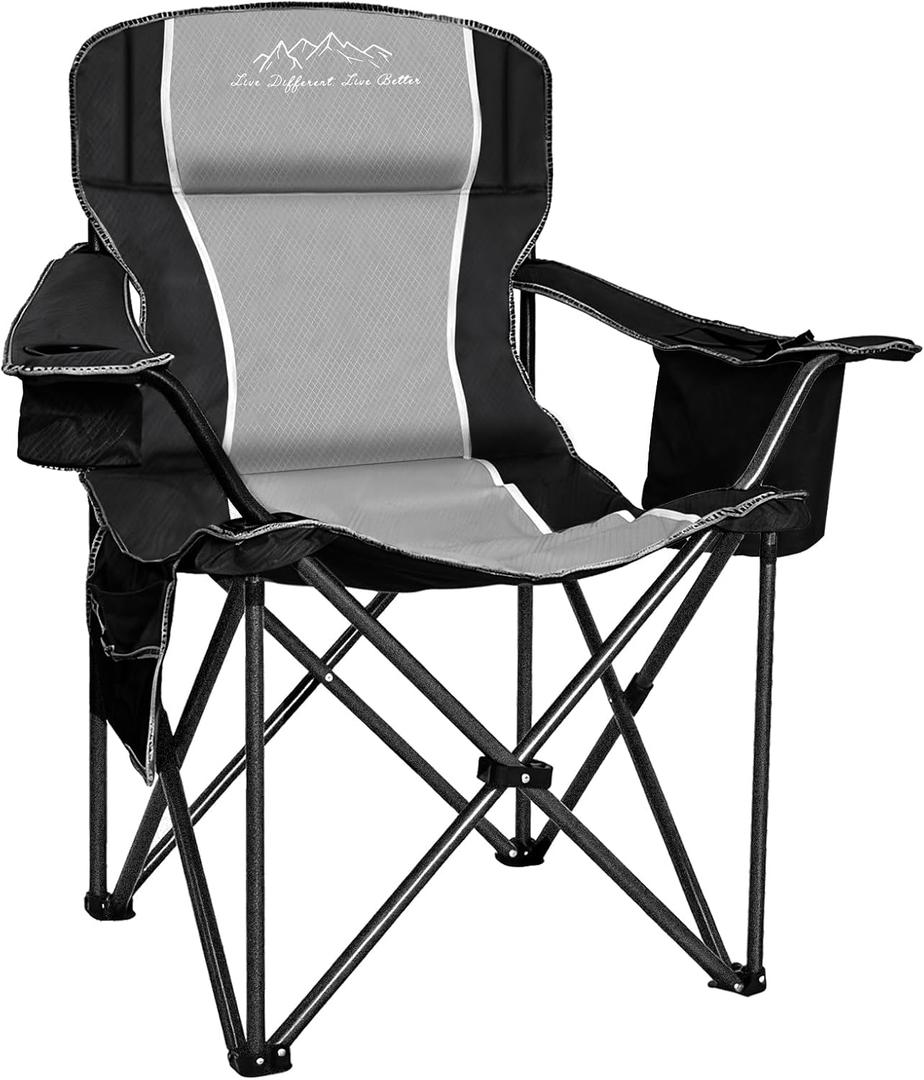 Camping Chair Portable Folding Outdoor Chair Heavy Duty Padded Chairs Lawn Chair with Cup Holder, Storage Pocket and Cooler Bag, Supports 500 LBS, Black