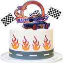 Fire Car Cake Topper Race Car Birthday Cake Decorations Racing Car Cake Toppers Checkered Flag Hot Wheel Themed Cake Cupcake Topper for Boys Girls Racing Car Party Supplies
