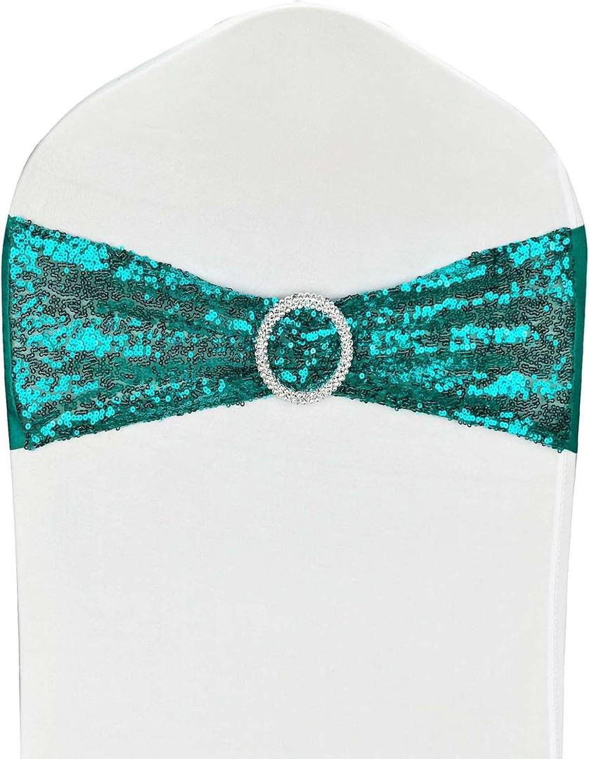 10 Pcs Sequin Chair Sashes Stretch Chair Bands Spandex Polyester Bows for Party Hotel Wedding Banquets Decoration - Teal