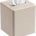 GORESE Tissue Box Cover Square for Kleenexs, PU Leather Tissue Box Holder with Gold-Tone Edging, Decorative Tissue Cover for Bathroom Livingroom Car, Modern Cube Tissue Holder, Beige