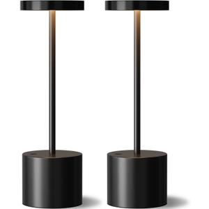 Black Cordless Table Lamp, 4000mAh Rechargeable Battery Powered Lamps, 3 Color Stepless Dimming, LED Wireless Outdoor Lamps for Dining Room, Bedroom, Bar, Cafe, Restaurant, Patio, Camping, Set of 2
