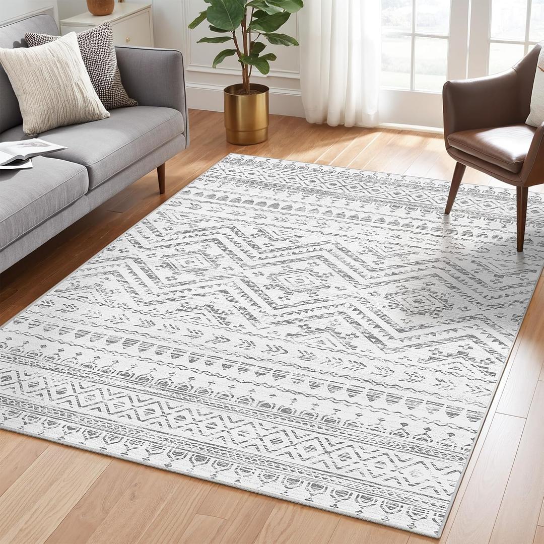 Miukiki 4x6 Area Rug for Living Room Moroccan Washable Rugs Non Slip Indoor Floor Carpet Foldable Large Soft Area Rug for Dining Room Bedroom with Low Pile(Grey,4'x6')