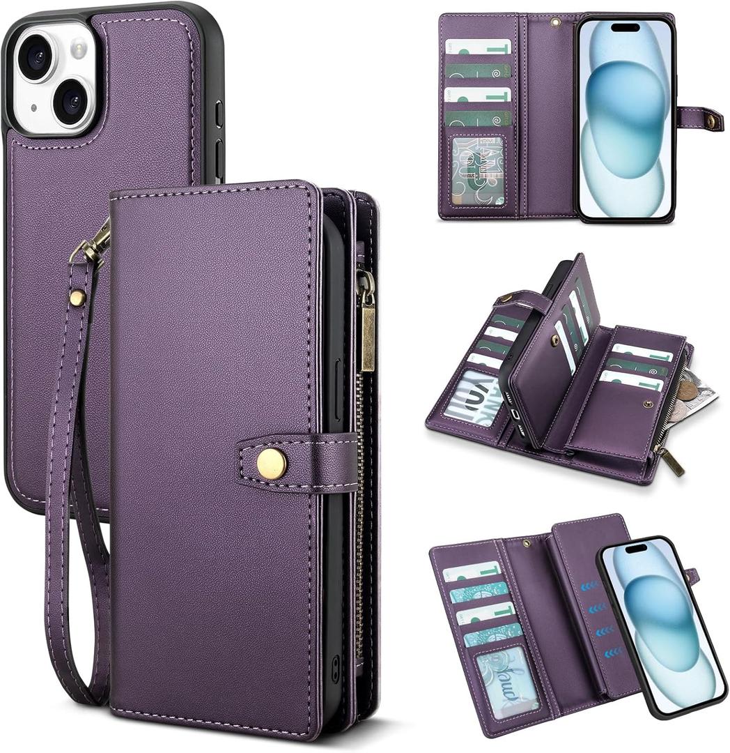 TwoHead Wallet Case Compatible with iPhone 15,Detachable Magnetic Phone Case,All-Round Protective Leather Phone Case with Card Holder,6.1 in,Deep Purple