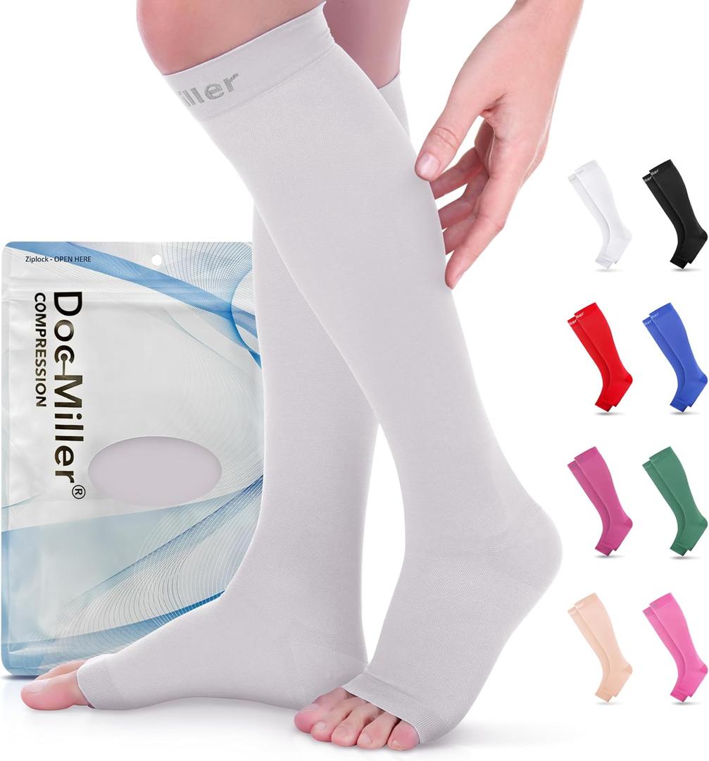 Doc Miller Open Toe Compression Socks for Women & Men 1520 mmHg, Knee High Calf Support Sleeves, Graduated Stockings for Swelling Recovery, Circulation, 1 Pair, Small Regular 