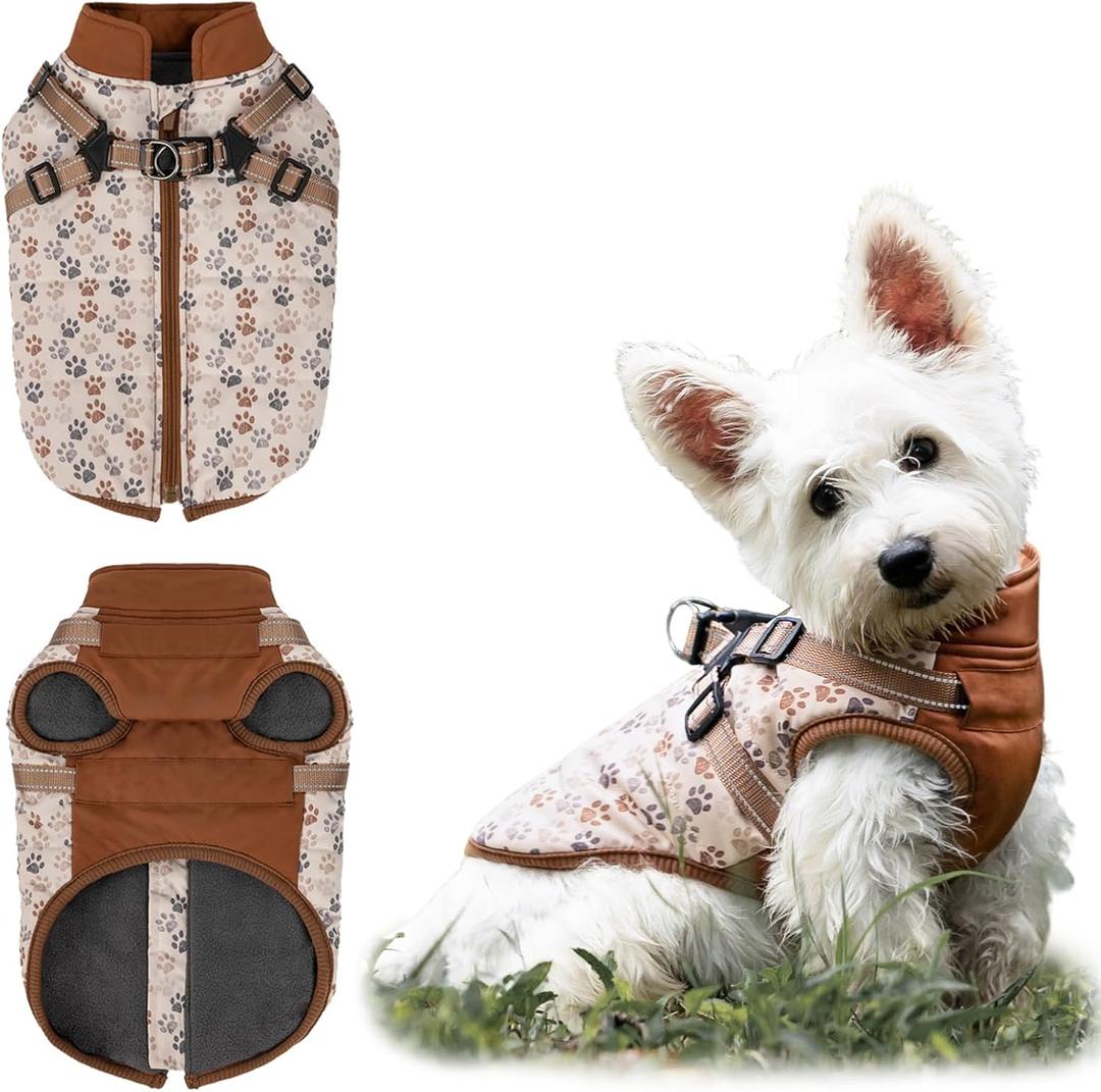 Dog Winter Coat for Small & Medium Dogs (Up to 32lb), Waterproof Dog Coat with Harness, Puppies Windproof Puppy Puffer Jacket, Snowsuit for Dachshund,Frenchie, Corgi (Paw Brown, Small) (Small(6-9lb))