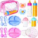 15Pcs Baby Doll Accessories Magic Bottle Set,Pretend Play Feeding Toy with Juice Milk Bottles,Sippy Cups,Pacifiers,Bowl Spoons,Bib,Diaper,Dolls Feeding Kit for Kids Girls,Party,Gift