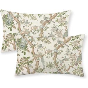 Green Floral Bird Pillow Covers 12x20 Set of 2 Chinoiserie Throw Pillows Green Vintage Flowers Bird Decorative Pillow Cases Outdoor Chinoiserie Decor Farmhouse Cushion Case for Couch Sofa