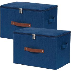 2 Pack Storage Bins with Zipper Lid Cotton Linen Fabric Lidded Storage Baskets Boxes Foldable Washable Closet Shelf Clothes Organizer Container with PU Leather Handles (Deep Blue, Large)