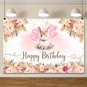 ChloropLastid Happy Birthday Backdrop Pink Boho Floral Rabbit Banner Heart Balloon Bunny Birthday Photography Background Easter Day Party Decorations Cake Table Decor Photo Booth Props 10x8ft