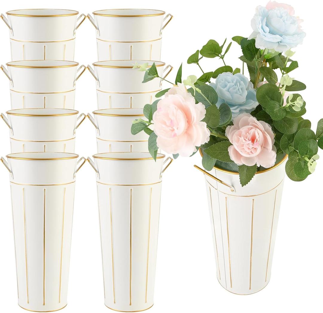 8 Pcs 11.8 Inch Tall Galvanized Metal Vase with Handles - Tin Bucket for Bar, Home Decor, Wedding Centerpiece, Table Decorations - Unbreakable Tall Vase for Fresh Flowers (White)