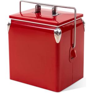 Retro Cooler 14 Quart - Portable Metal Vintage Ice Chest with Bottle Opener, Waterproof Stainless Steel Cooler, Outdoor Ice Bucket for Camping, Picnic, Beach, BBQ, Tailgating & Fishing