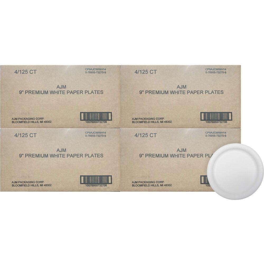 AJM Packaging Corporation Premium Coated Paper Plates, 9" Dia, White, 125/pack, 4 Packs/Carton