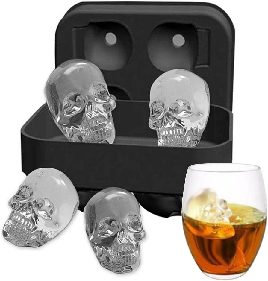 Ice Mold Skull 3D Flexible Silicone Ice Cube Molds Maker Tray, 4 Giant Skulls, Round Ice Cube Maker