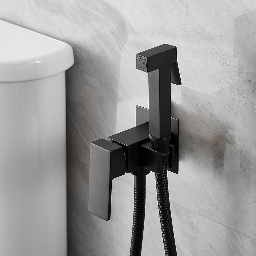 Warm Water Bidet Sprayer Faucet for Toilet with Hot and Cold Brass Valve, Stainless Steel Square Handheld Bidet Attachment Set, Wall Mounted, Matte Black