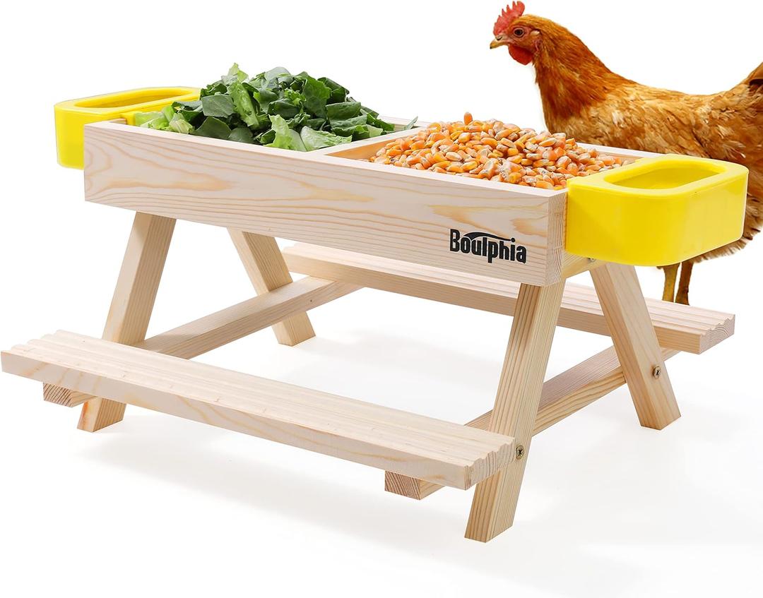 Boulphia Chicken Feeders and Waterers, Chicken Feeder No Waste Kit with Picnic Table and 2 Water Feeders, Handmade Wooden Chicken Supplies & Accessories for Chicken Coop