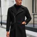 Runcati Mens Trench Coat Notch Lapel Zip Up Overcoat Casual Winter Long Business Pea Coat (Black)