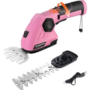 WORKPRO Pink Cordless Grass Shear & Shrubbery Trimmer - 2 in 1 Handheld Hedge Trimmer 7.2V Electric Grass Trimmer Hedge Shears/Grass Cutter 2.0Ah Rechargeable Lithium-Ion Battery - Pink Ribbon