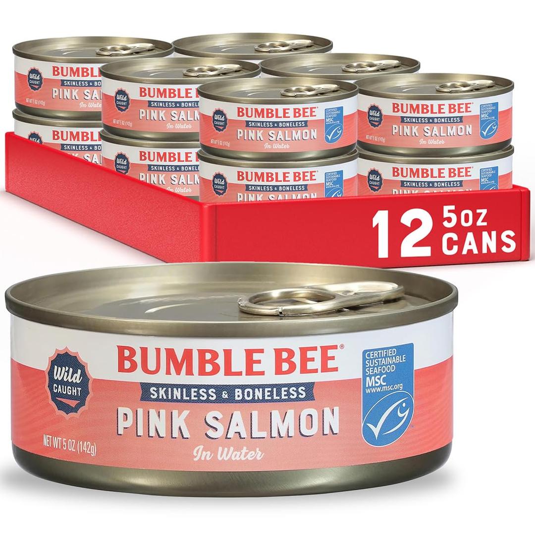 Bumble Bee Skinless & Boneless Canned Pink Salmon in Water, 5 oz Cans (Pack of 12) - Premium Wild Caught Salmon for Sandwiches & Recipes - 20g Protein per Serving - Gluten Free, Kosher, MSC Certified, Best By: Mar/2028