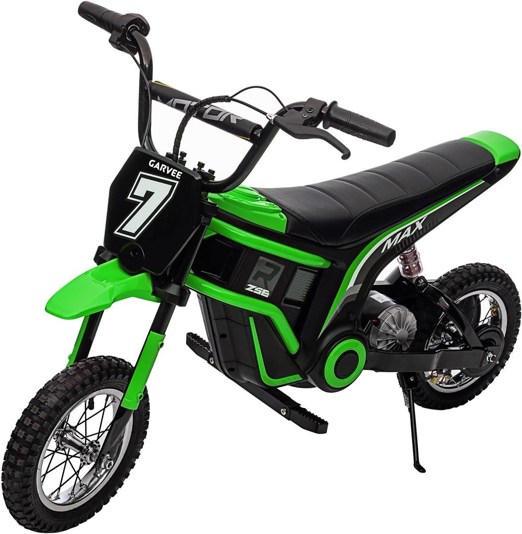Garvee 24V Electric Dirt Bike for Kids 13+ Years Old, 350W Motor, 14.29 MPH, Dual Suspension, 2-Speed Modes, Max 135 LBS - Realistic Motorcycle Style with LED Lights & Music