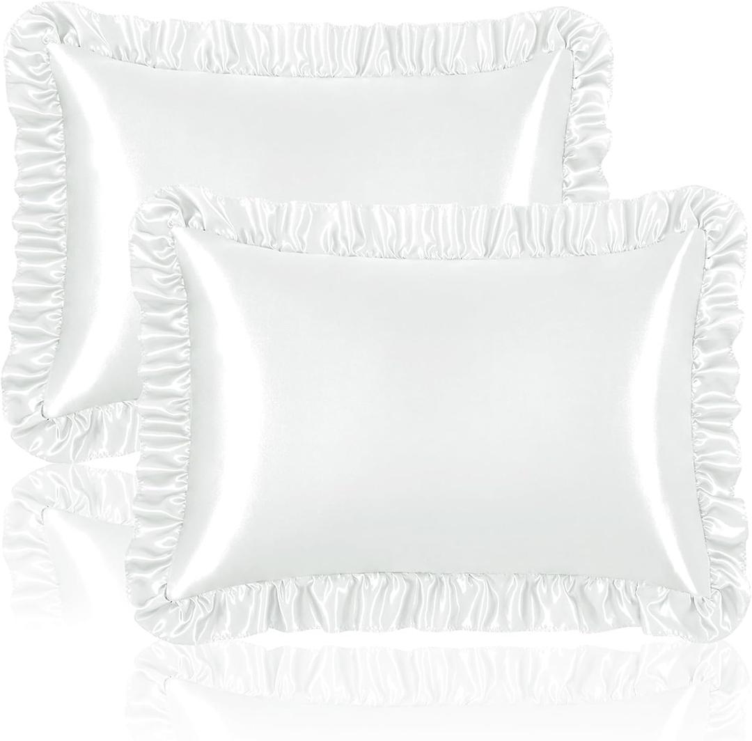 Homiest Ruffle Satin Pillowcase for Hair and Skin, Standard Size Satin Pillow Covers Silky Pillow Cases Set of 2, Satin Ruffled Pillowcase with Envelope Closure, Anti Wrinkle Pillow Shams (White)