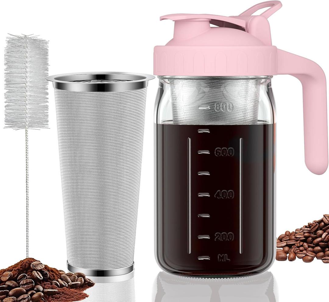 Cold Brew Coffee Maker Pitcher, 32 oz Thick Glass Mason Jar Spout Lid with Handle & Stainless Steel Filter for Iced Brew Coffee, Ice Lemonade, Sun Tea, Fruit Drinks Container (Pink)