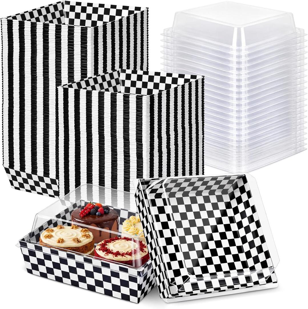 50 Pack Checkerboard Charcuterie Boxes with Clear Lids  Classic Black  White Plaid Design Boxes with Window for Cookies, Candy, and Mini Cakes  Ideal for Gift Giving & Bakery Packaging
