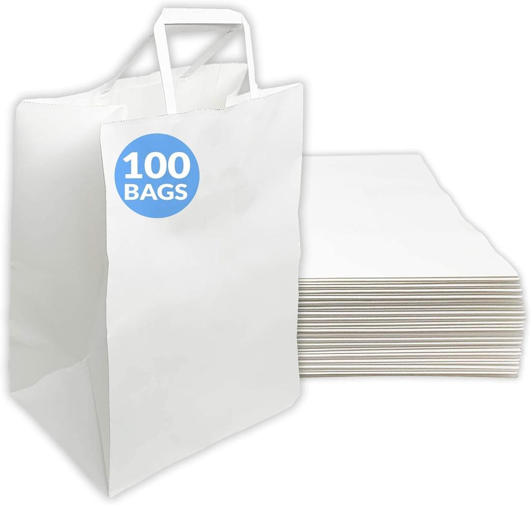 Reli. 100 Pack | 10"x6.75"x12" | Large White Paper Bags w/Handles | Ideal for To Go/Take Out/Restaurant Bags with Handles, Shopping, Retail, Gifts | 25% larger than 10"x5"x13"